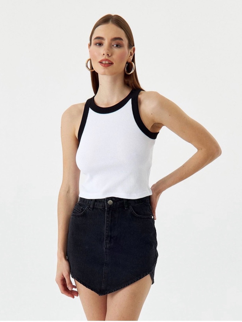 Classic White Ribbed Tank with Black Trim - Women's Sleeveless Top